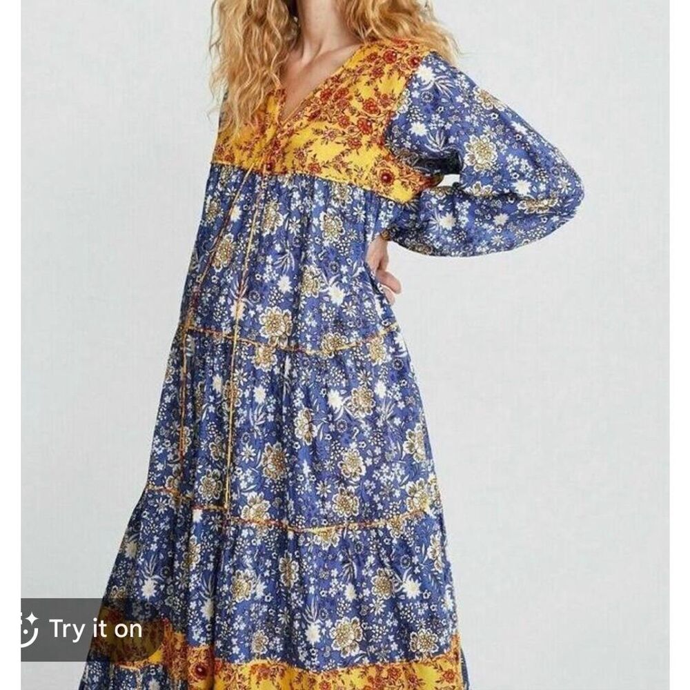 Zara blue and yellow floral peasant swing dress small - Picture 2 of 8